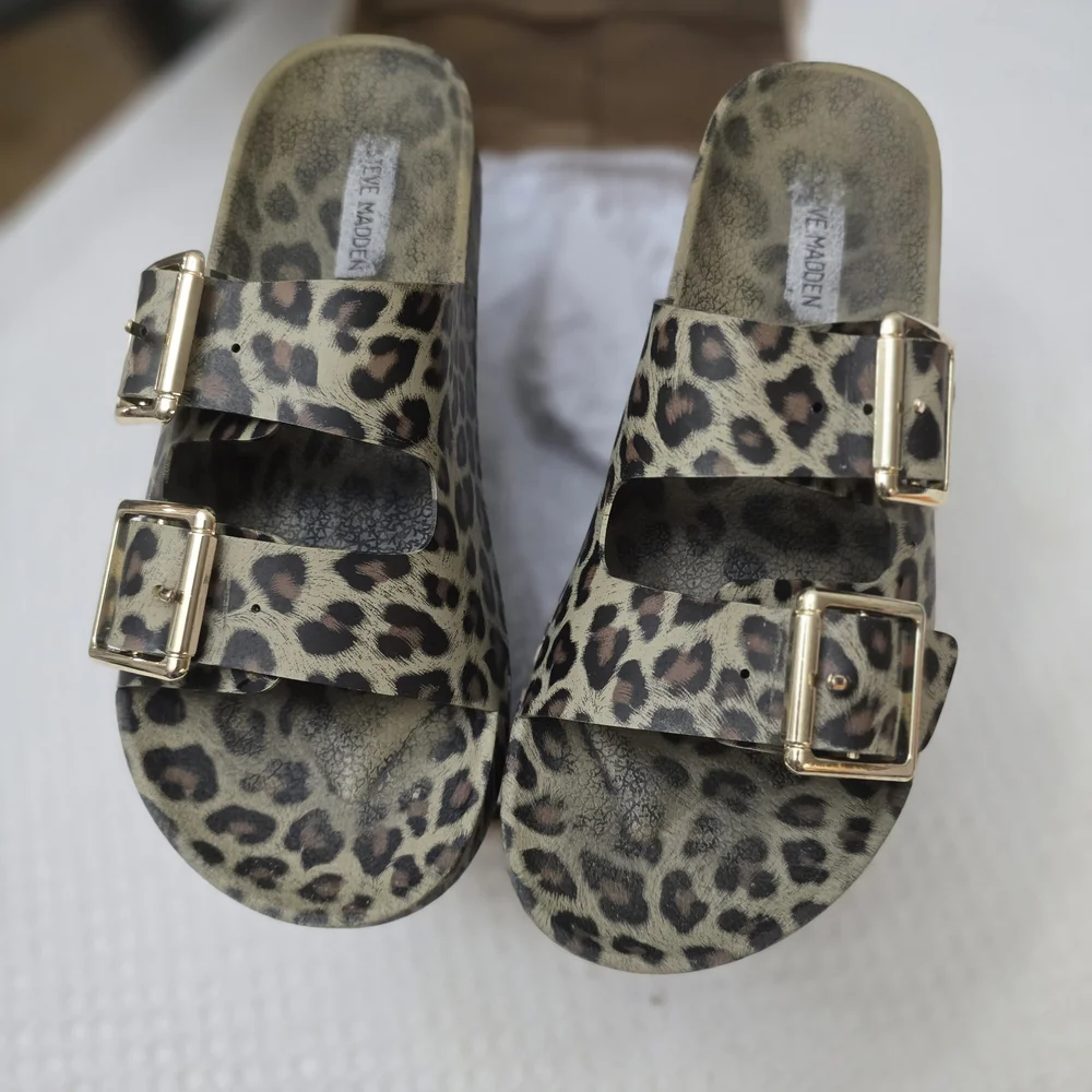 Steve Madden Leopard Print Double Buckle Slide Sandals - Gold Buckles